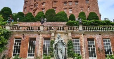 The images shows Powis castle from below in the gardens and also show one of the grounds statues
