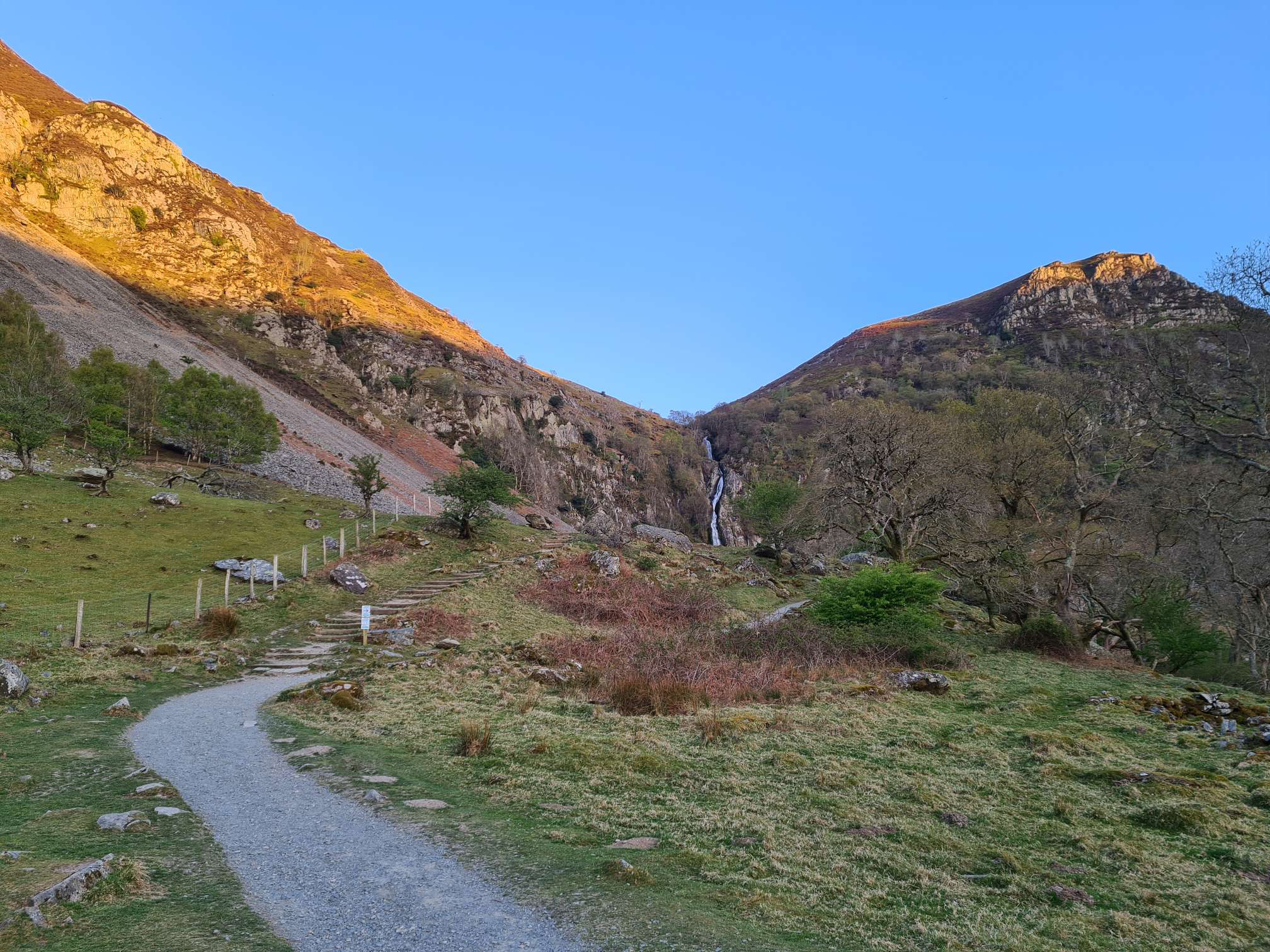 Aber Falls path, falls in the distance