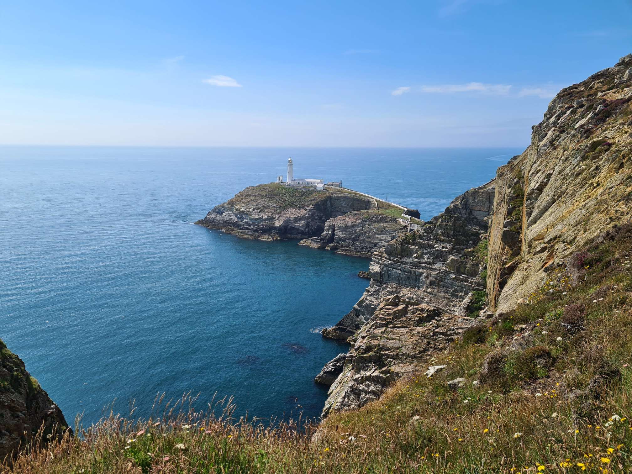 A picture of South Stack lighthouse from a bird watching area.